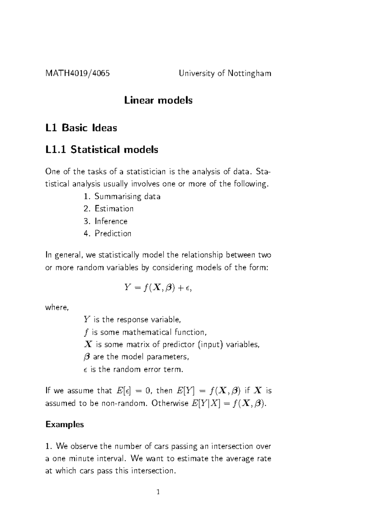 Linear Models L1: Basic Statistical Concepts and Applications - Studocu