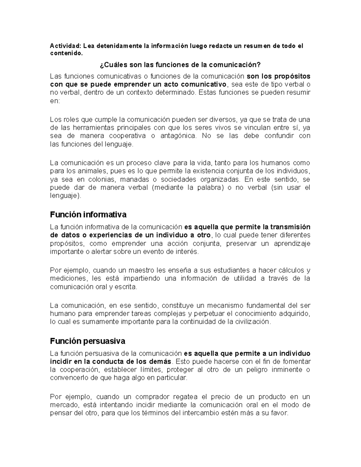 Funciones DE LA Comunicación Y Funciones DEL Lenguaje - Actividad: Lea ...