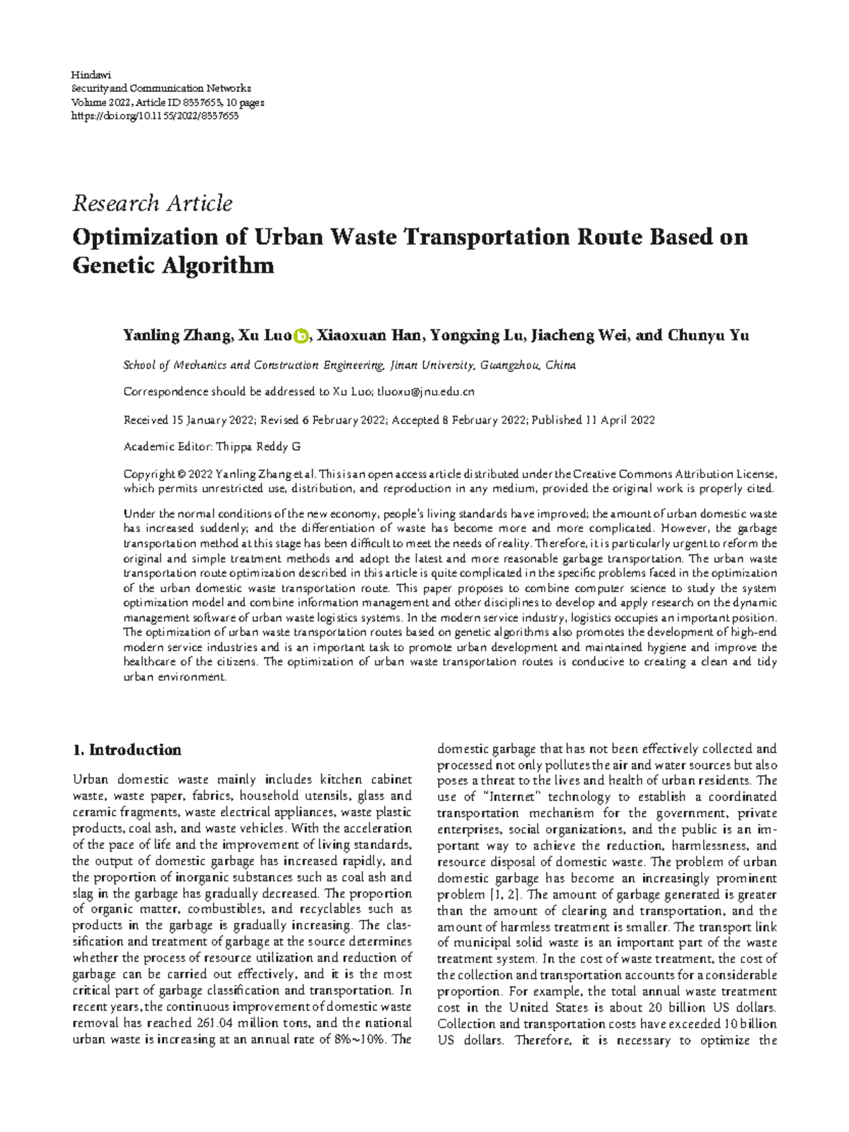 Optimization of Urban Waste Transportation Route Using GA Techniques ...