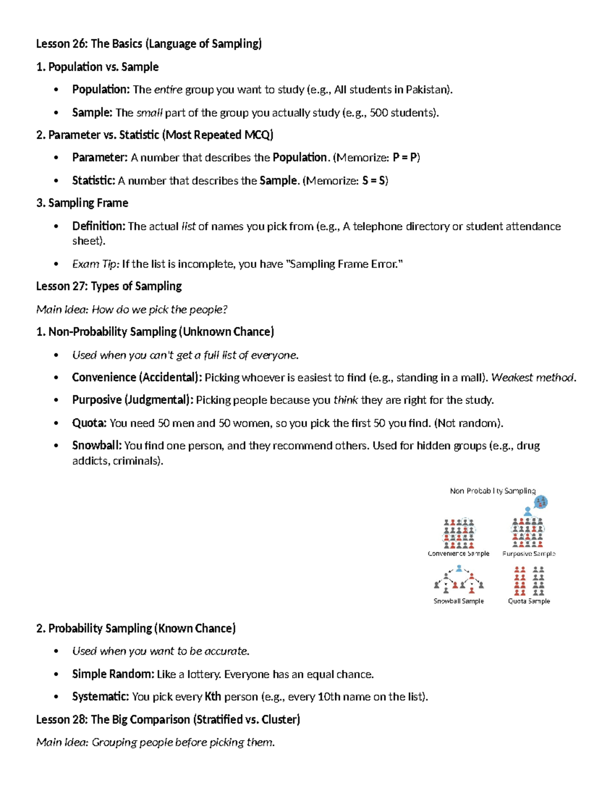 STA 630 Final Term Cheat Sheet: Sampling Basics & Methods - Studocu