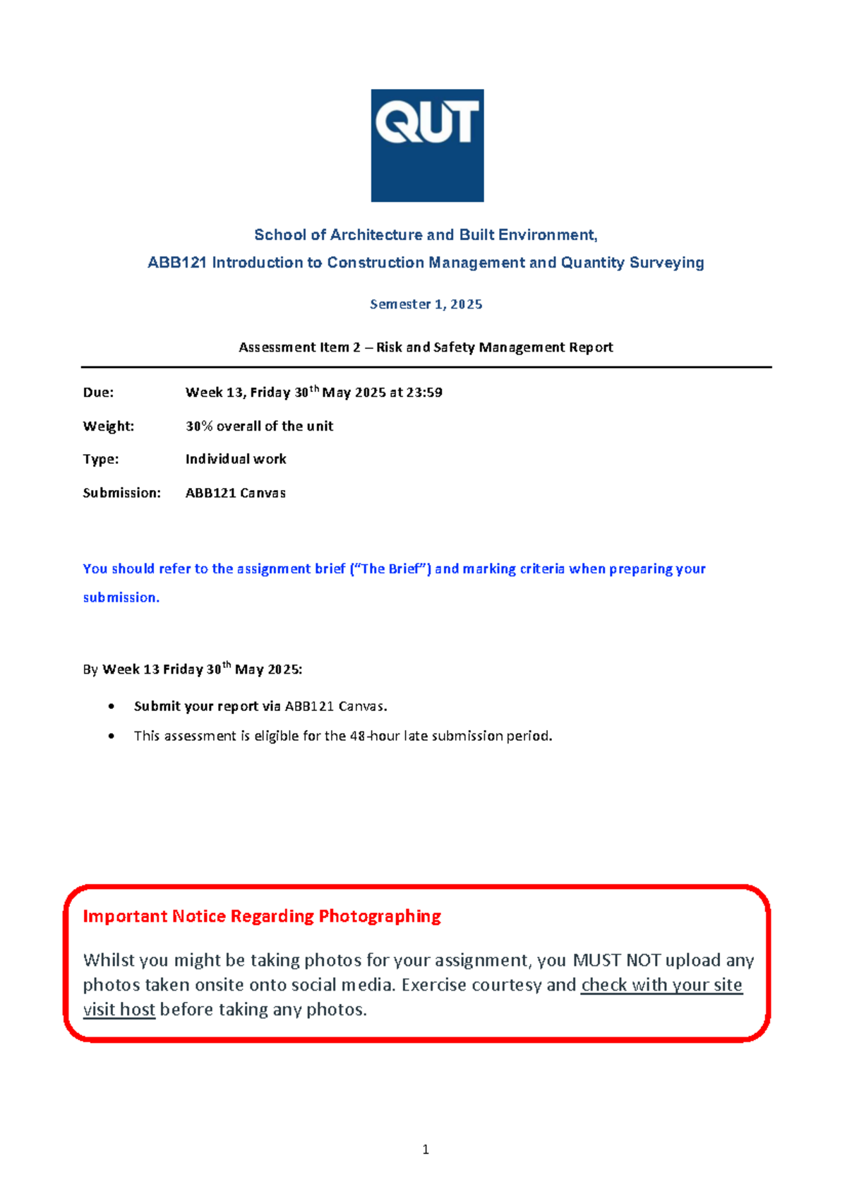 ABB121 A2 Risk and Safety Management Report Guidelines 2025 - Studocu