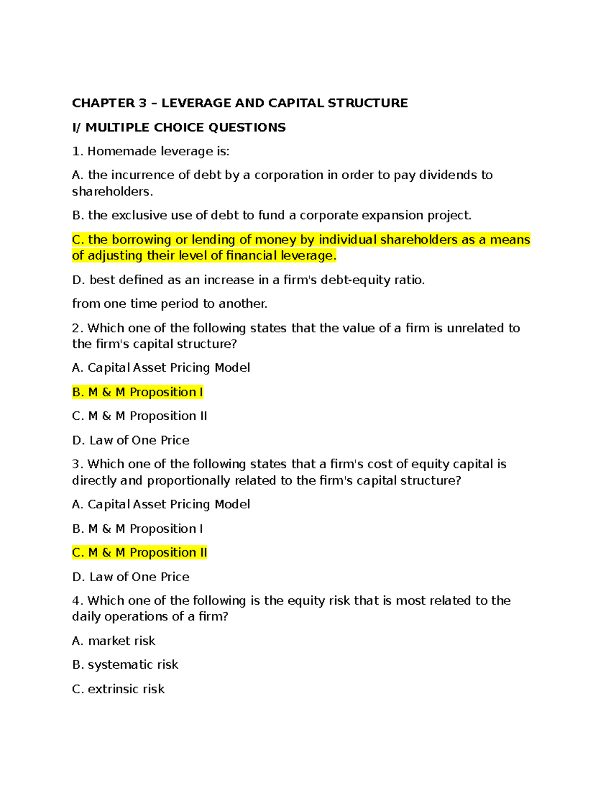 CHAPTER 3 LEVERAGE & CAPITAL STRUCTURE MCQs - Homework 1 (CF) - Studocu