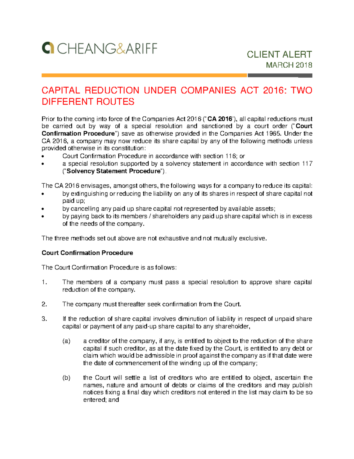 Capital Reduction Processes under CA 2016: Court vs Solvency Methods ...