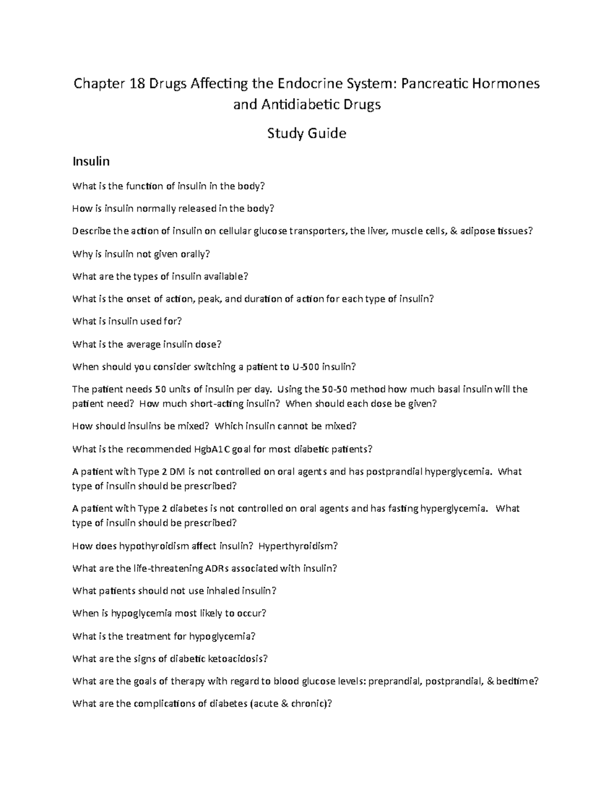 Study Guide for Chapter 18: Drugs Affecting the Endocrine System ...