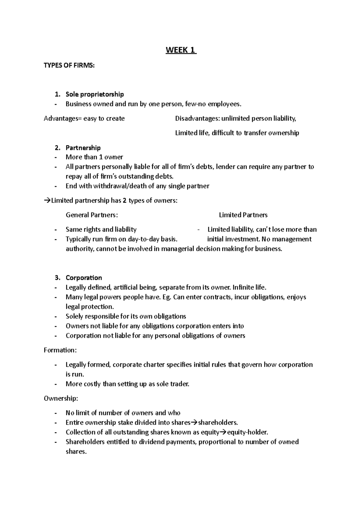 WEEK 1 Finance Intro: Types of Firms & Ownership - FINA1221 Notes - Studocu