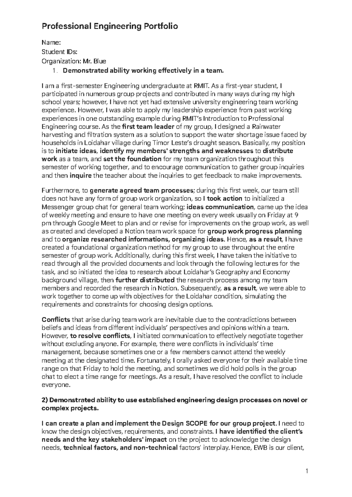 Assessment 2: Professional Engineering Portfolio for RMIT Engineering ...