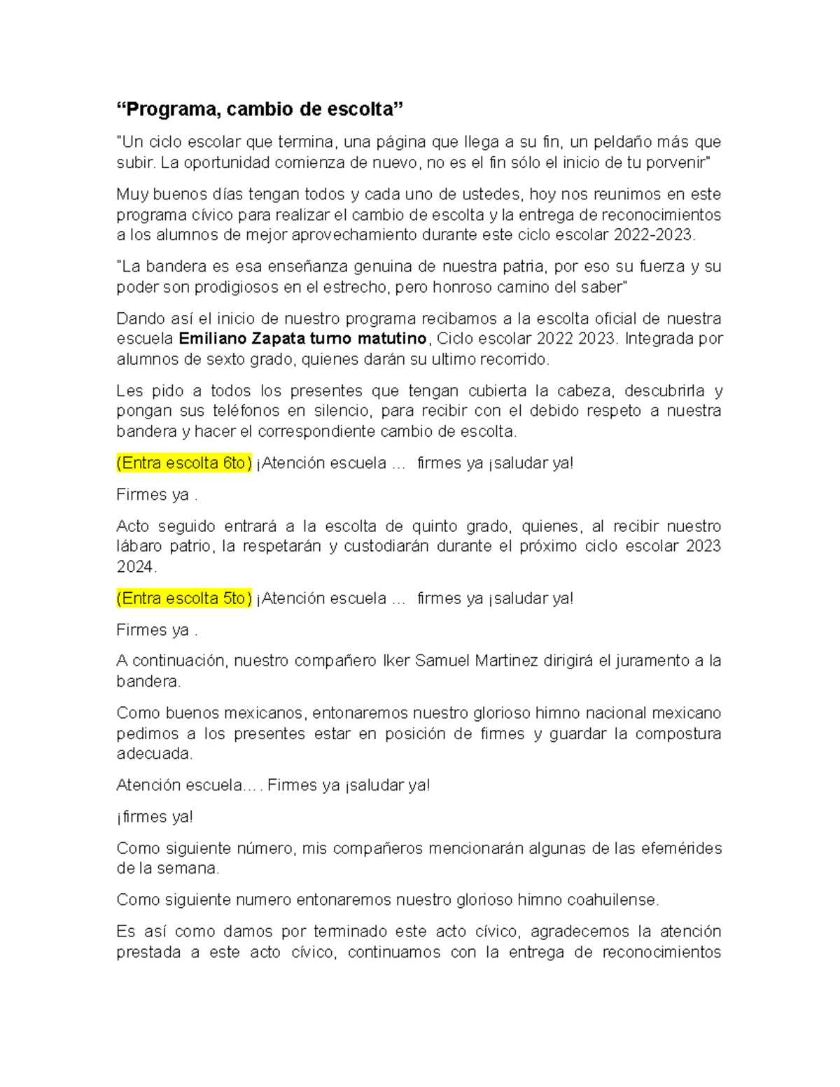 Cambio de Escolta y Reconocimientos - Ciclo Escolar 2022-2023 - Studocu
