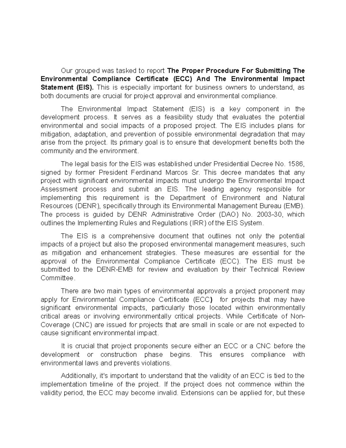 Environmental Compliance Certificate (ECC) & EIS Submission Guide - Studocu