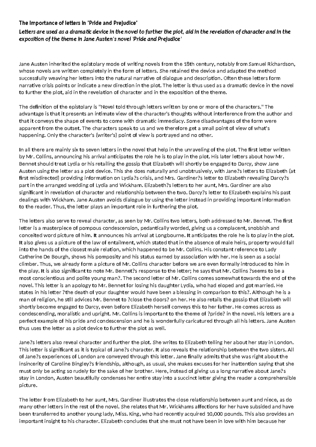 The Role of Letters as a Dramatic Device in P&P (ENG 101) - Studocu