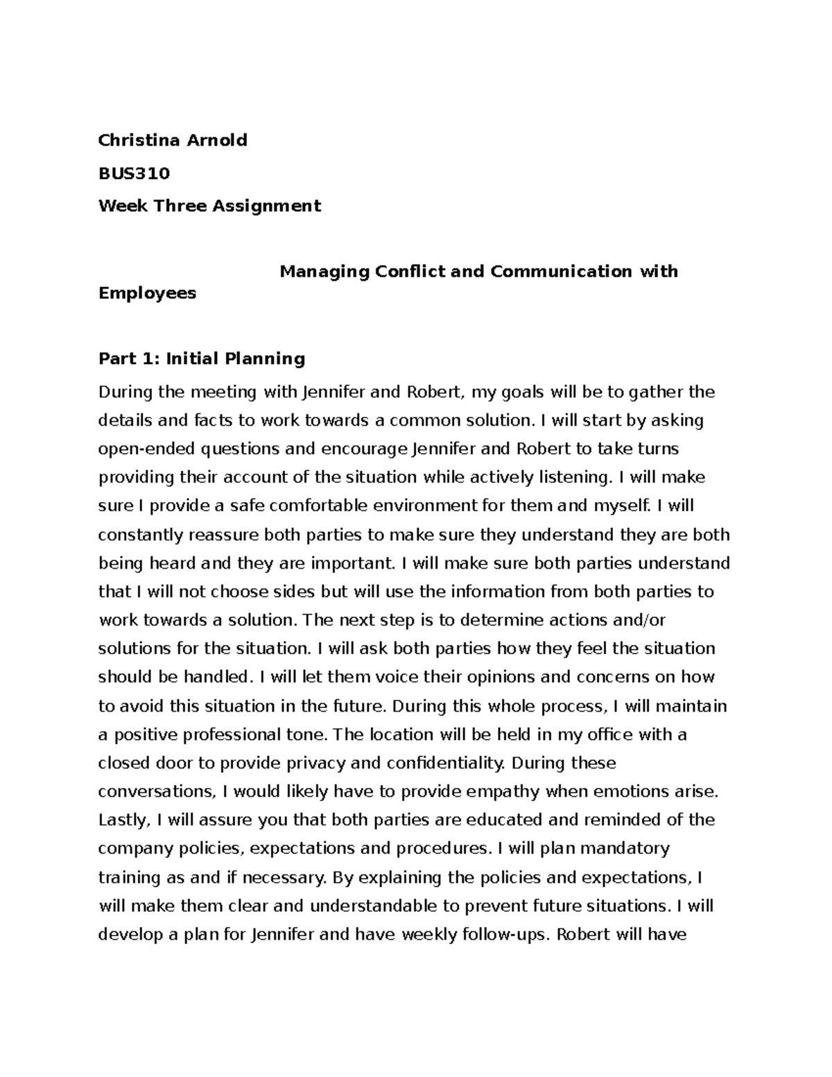 BUS310 Week 3 Assignment: Managing Conflict & Communication Strategies ...
