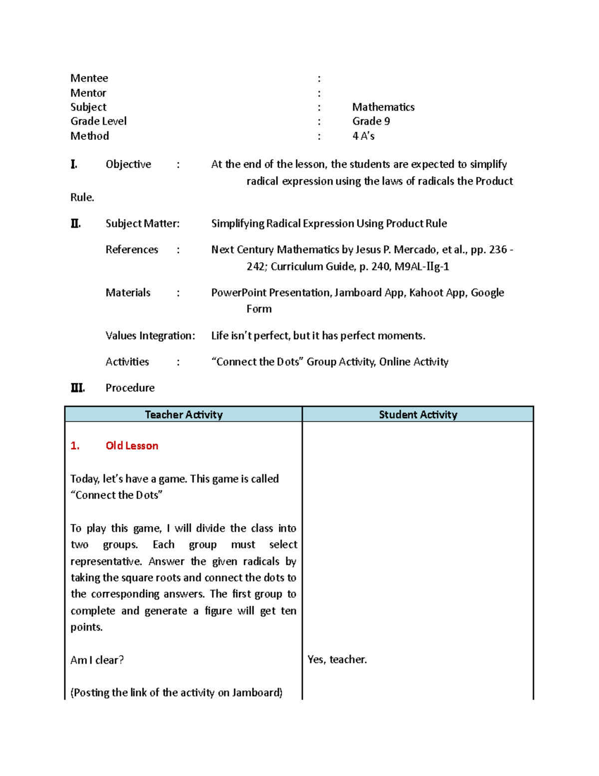 Simplifying Radical Expressions Lesson Plan for Grade 9 Math - Studocu