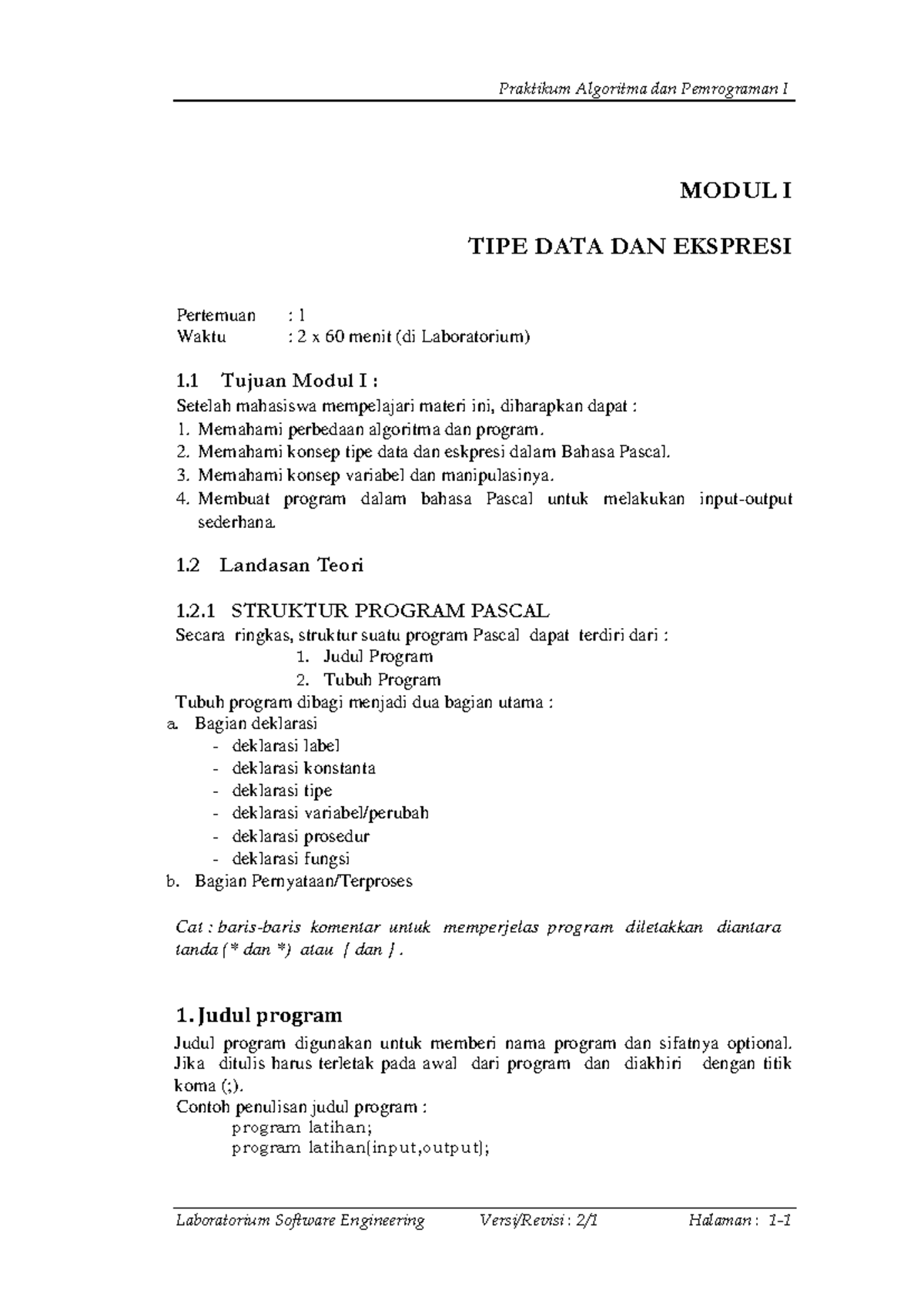 Modul 1 Alpro 1: Tipe Data dan Ekspresi dalam Bahasa Pascal - Studocu