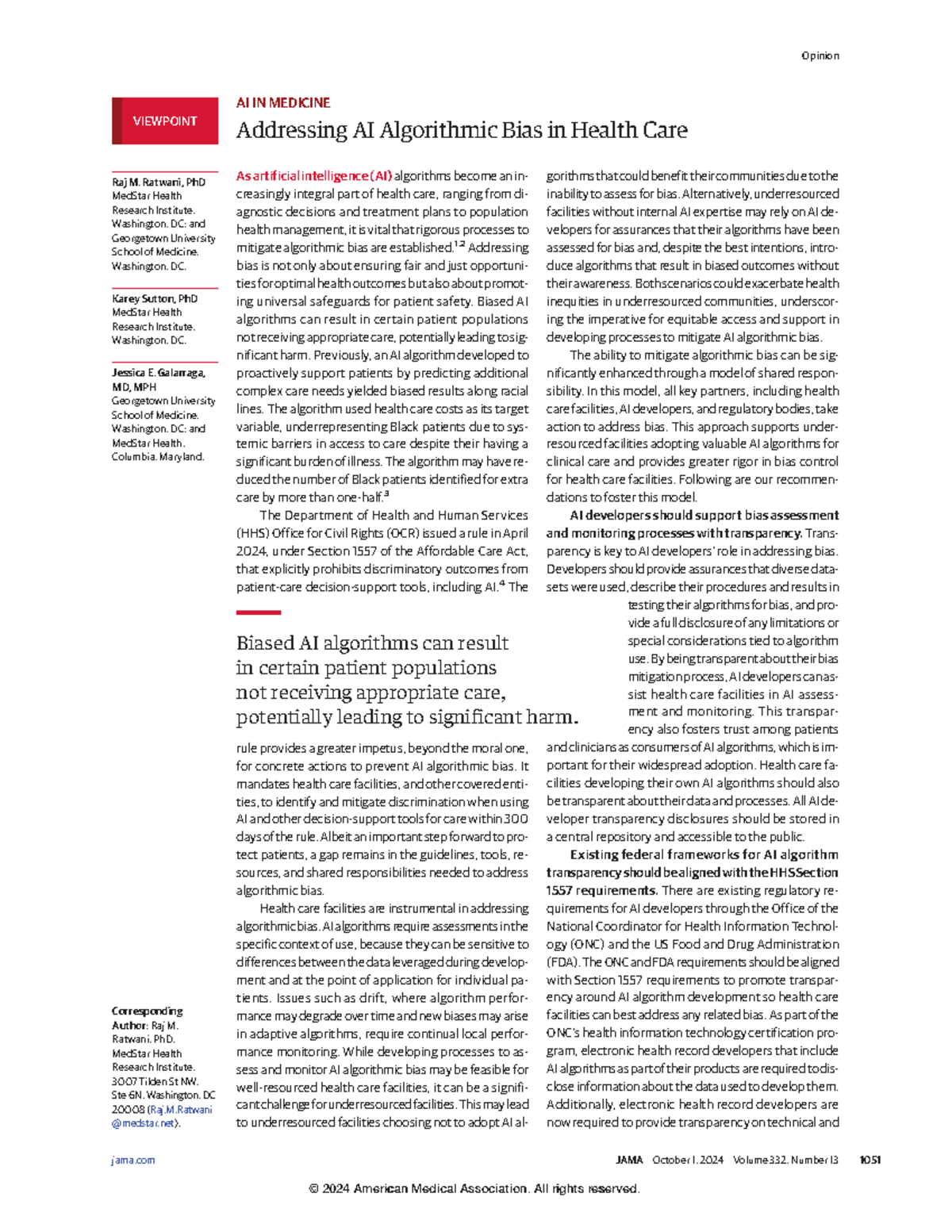 Addressing AI Algorithmic Bias in Health Care: Insights and ...