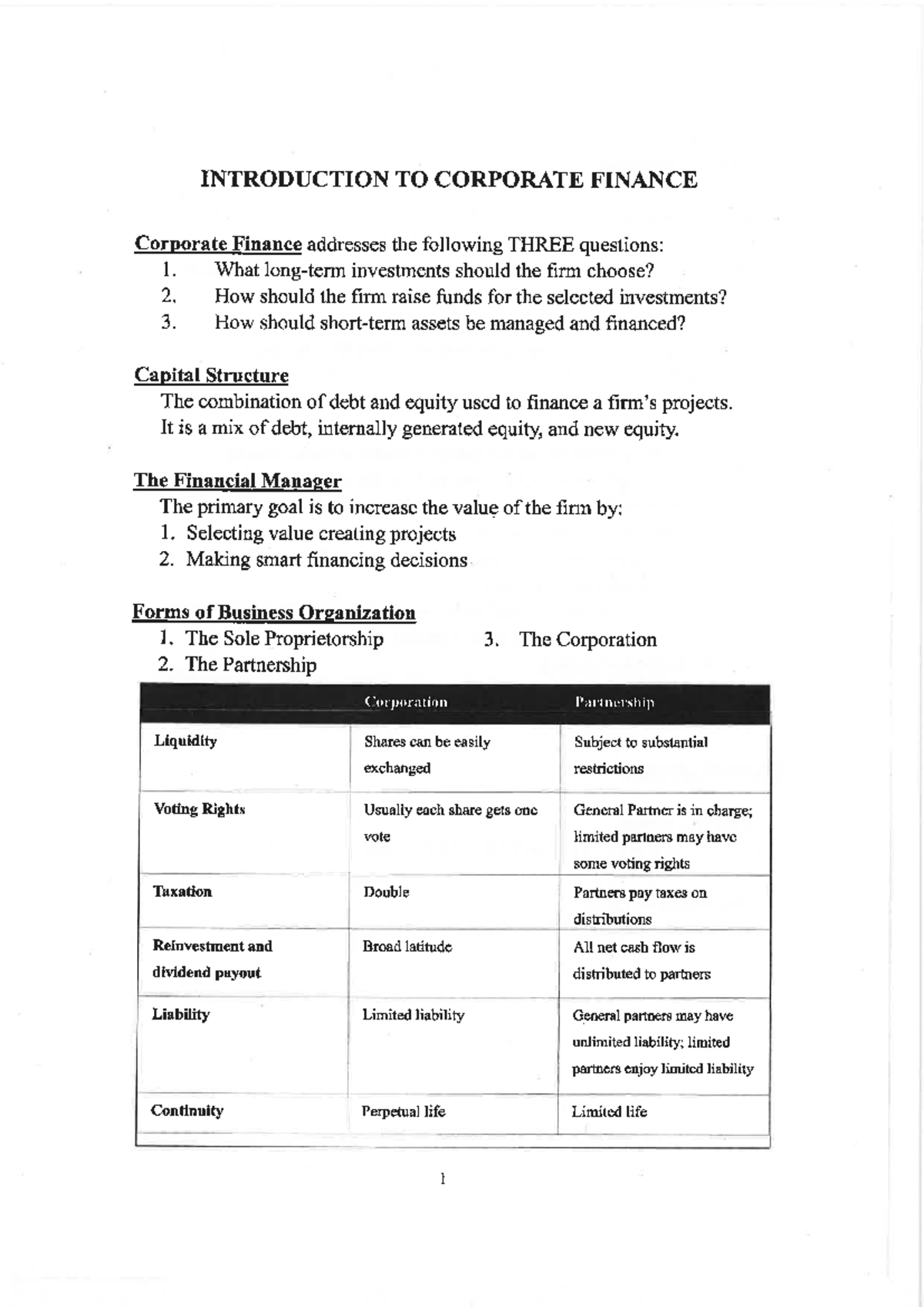 Lecture 1 2019: Intro to Corporate Finance Concepts - Studocu
