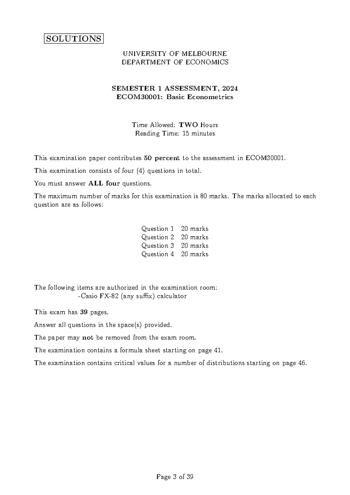 ECOM30001 Final Exam Solutions: Basic Econometrics 2024 - Studocu