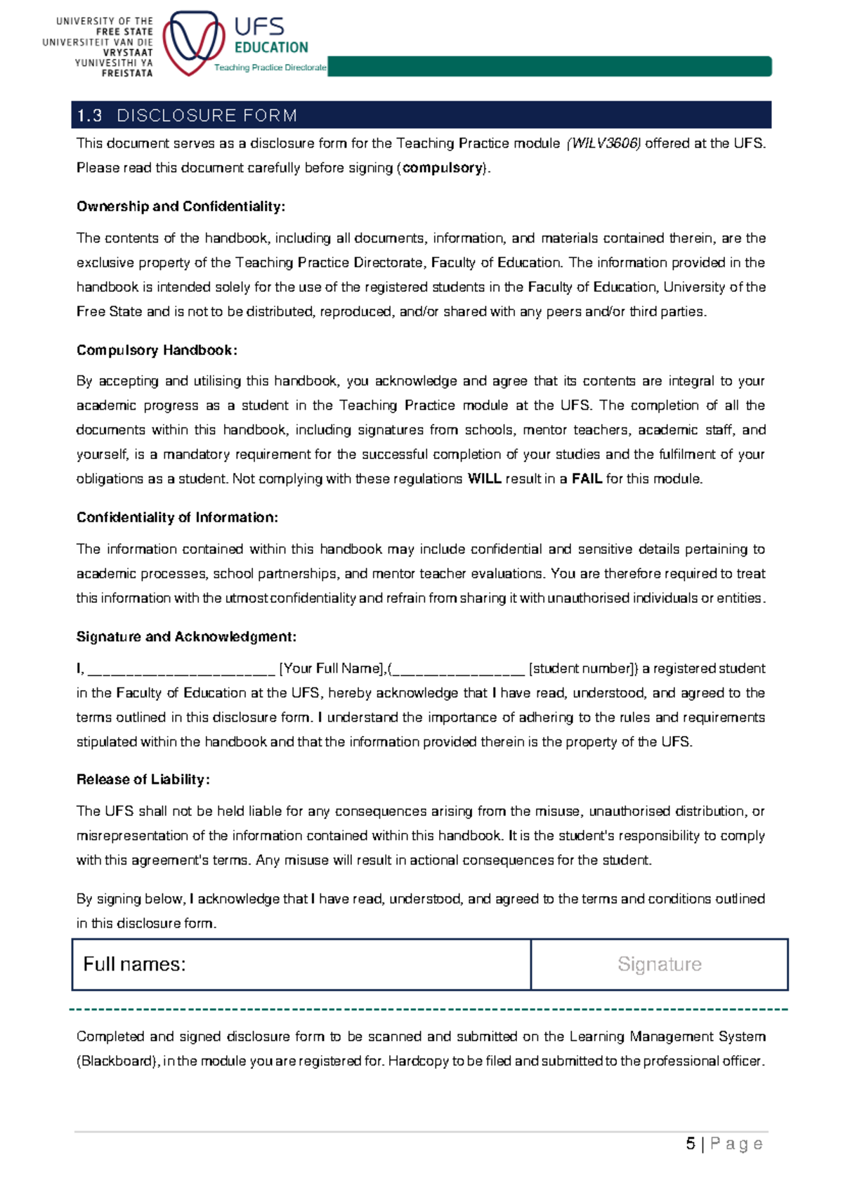 Teaching Practice Disclosure Form (WILV 3606) UFS - Studocu