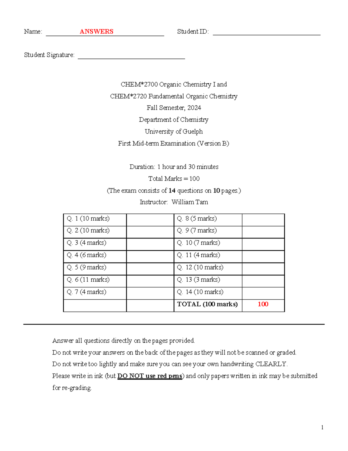 2024F CHEM2700 Organic Chemistry I 1st Midterm Exam Answers - Studocu