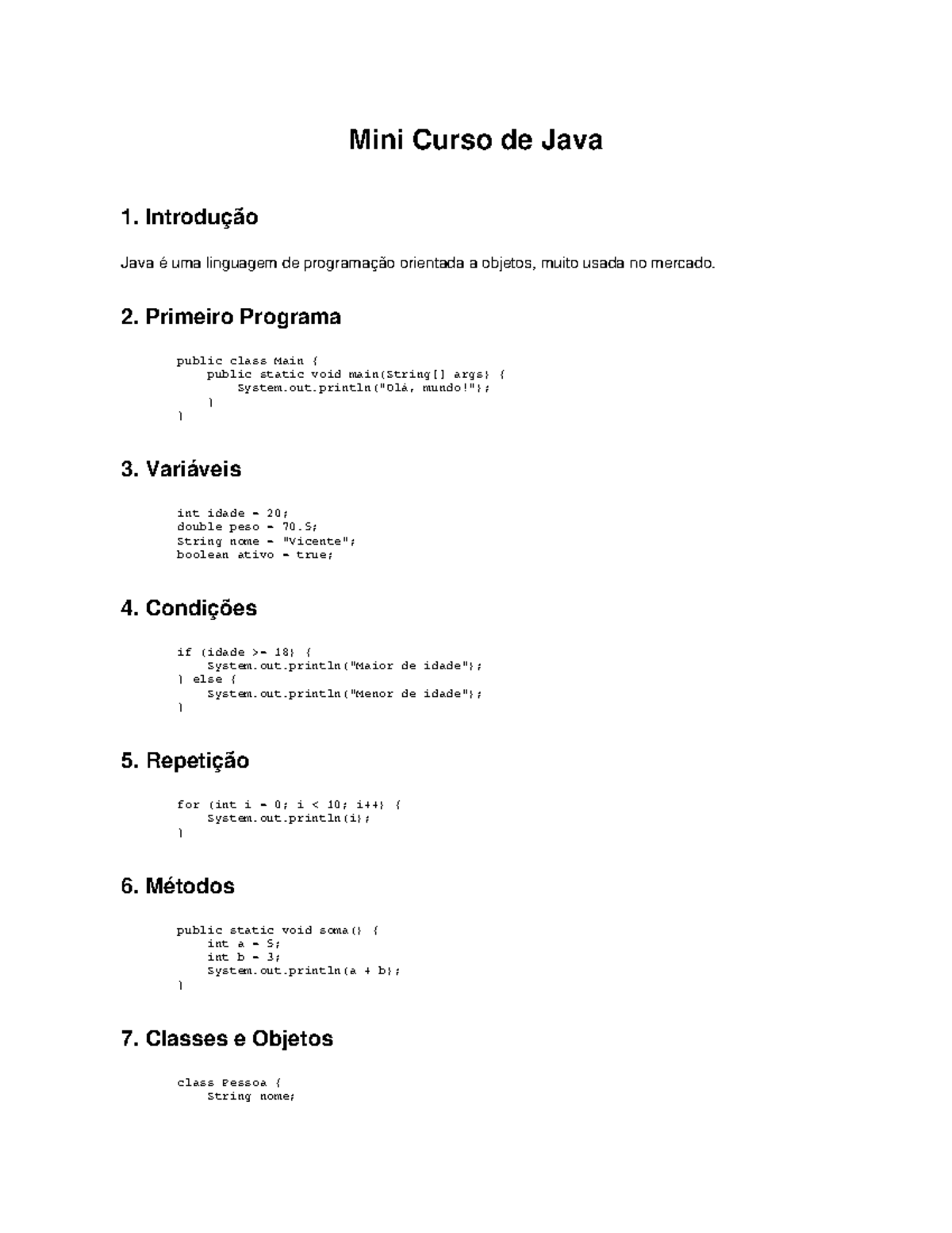 Mini Curso de Java: Introdução à Programação Orientada a Objetos - Studocu