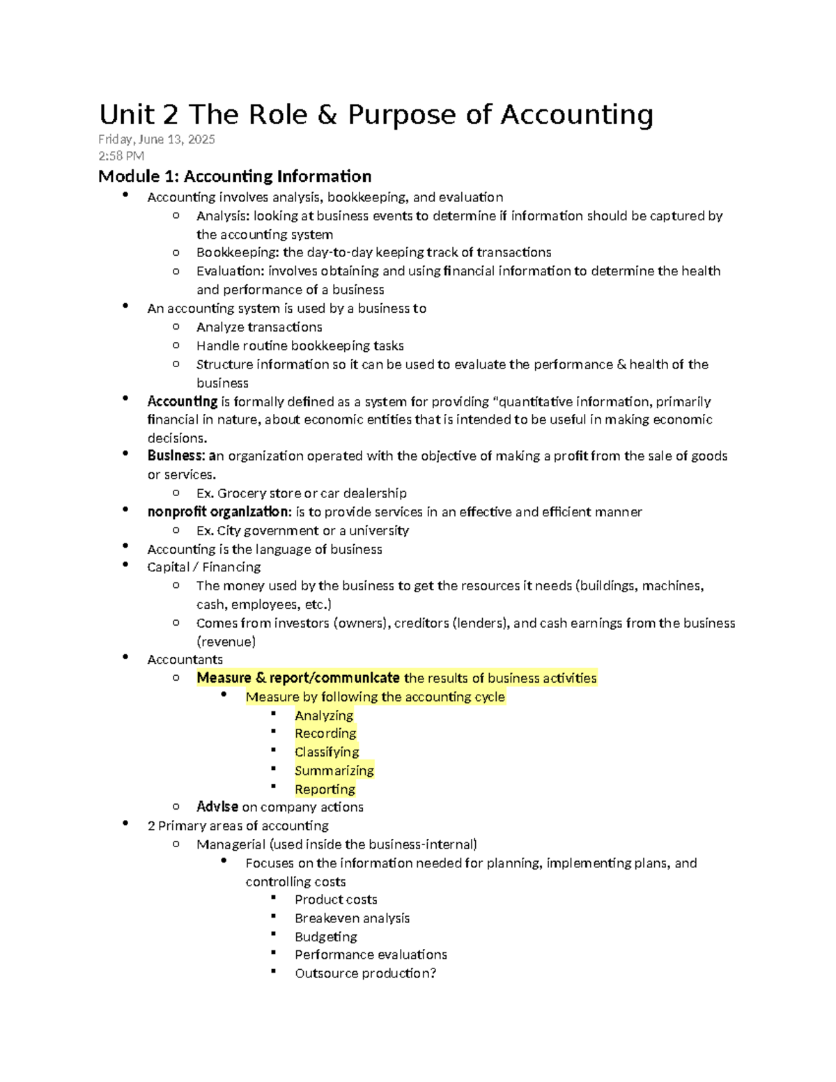 Unit 2: The Role & Purpose of Accounting - Module 1 Overview - Studocu