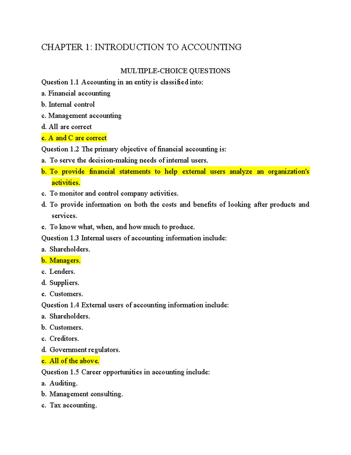 CHAPTER 1: ACCOUNTING QUESTIONS & EXERCISES (ACC101) - Studocu