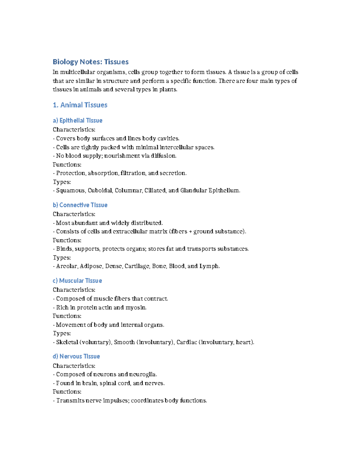 Biology Notes: Tissues Overview and Key Points for Study - Studocu