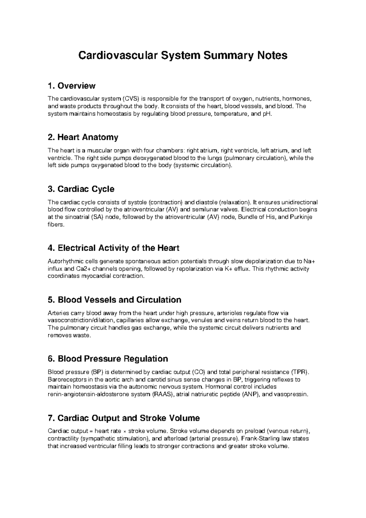 Cardiovascular System Summary Notes: Key Concepts & Functions - Studocu