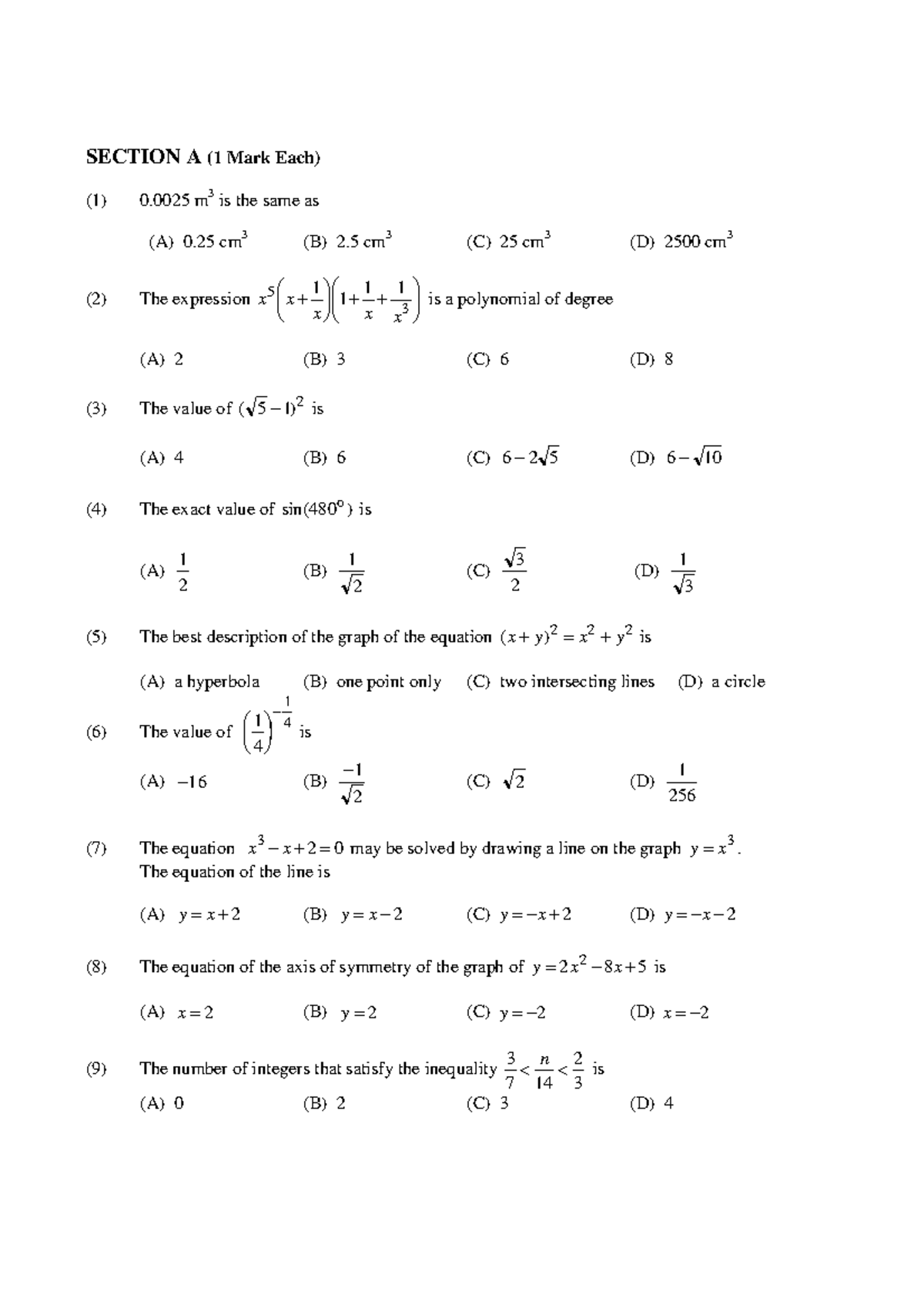 Maths Practice Questions - Section A (1 Mark Each) - Studocu