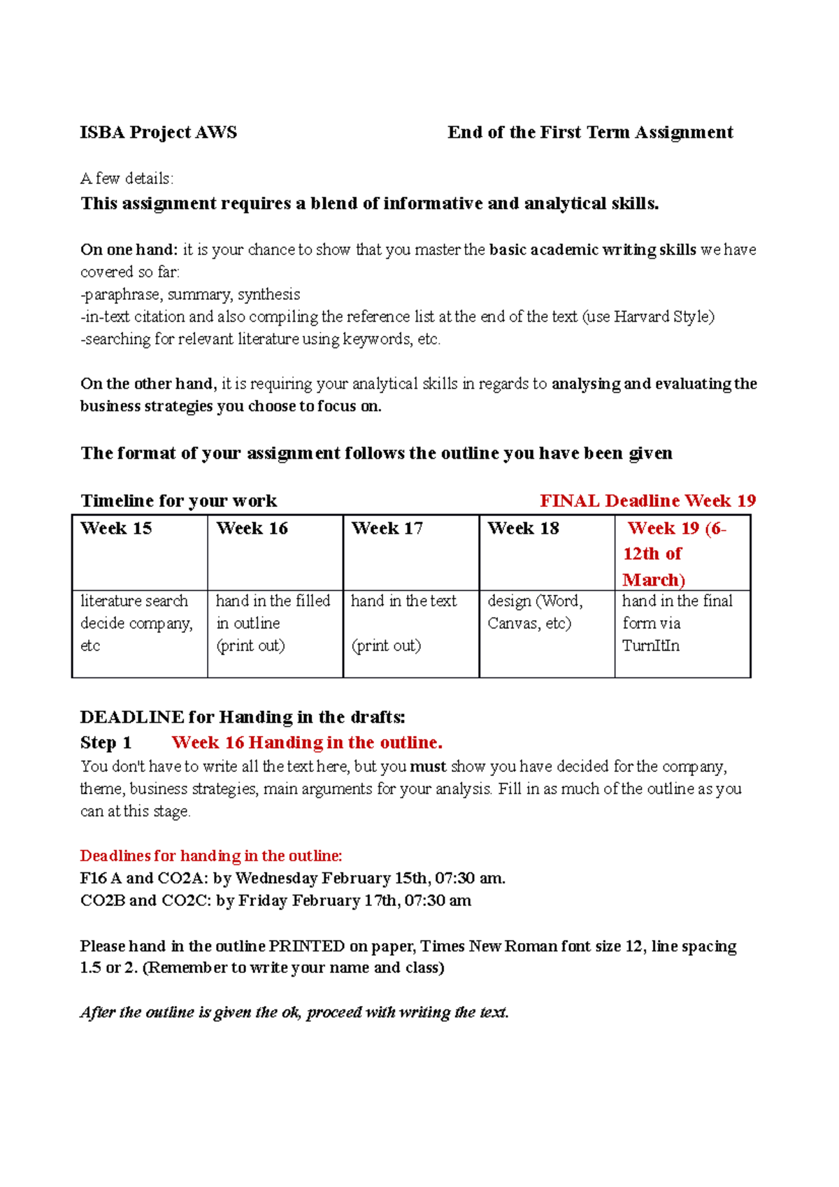 Project AWS end of term assignment timeline - ISBA Project AWS End of ...
