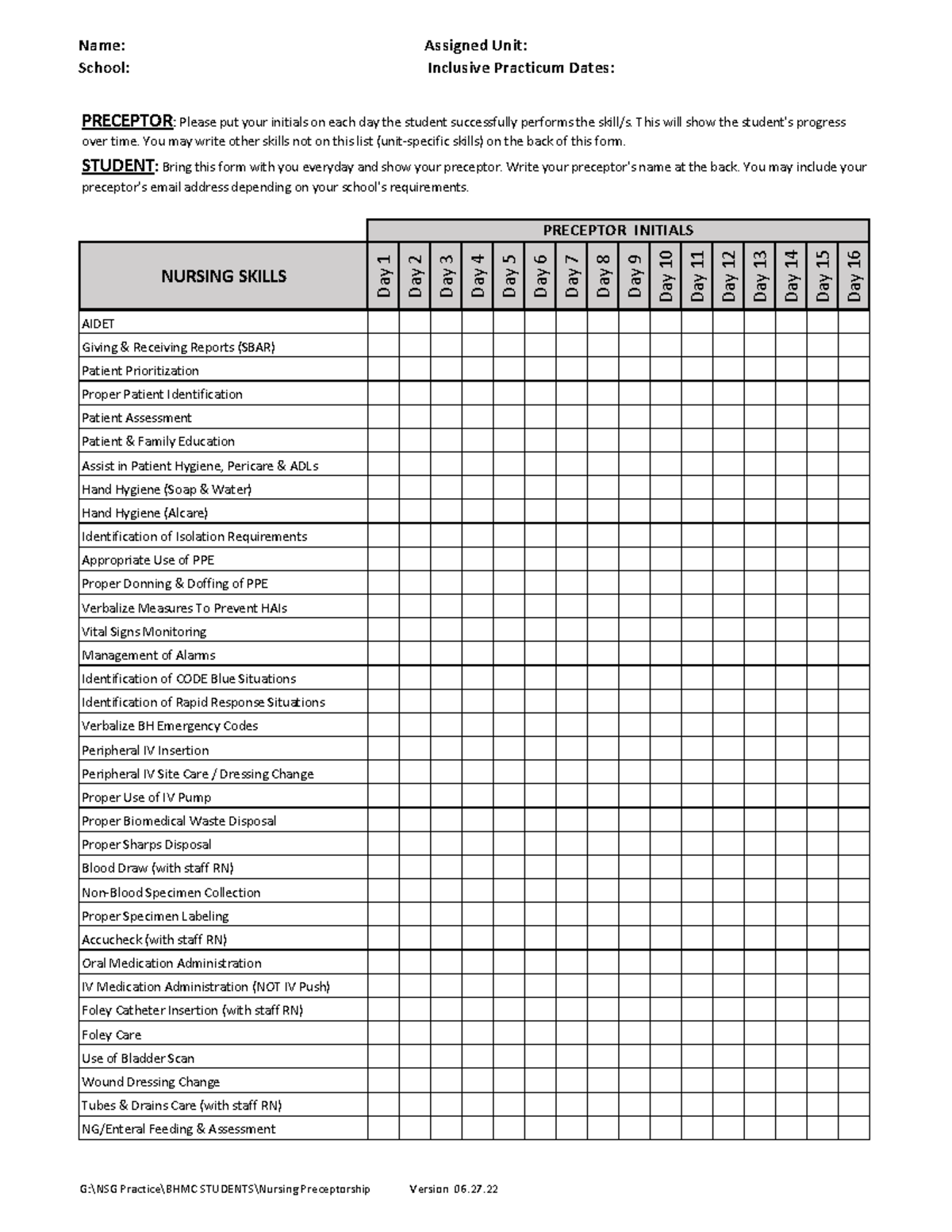 NURS 101: Nursing Skills Checklist for Inclusive Practicum - Studocu