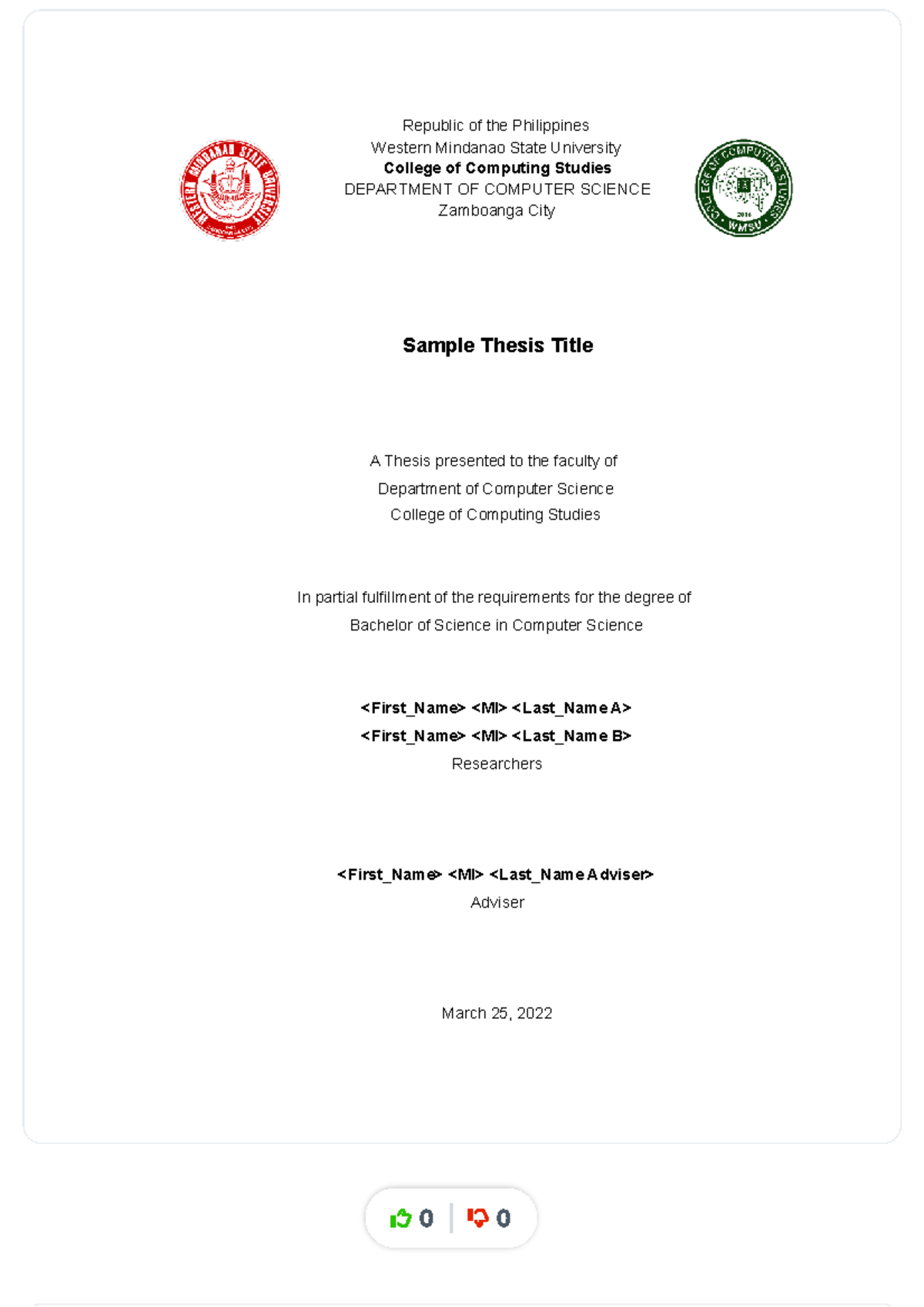 Sample Thesis Layout for BSCS - Western Mindanao State University - Studocu