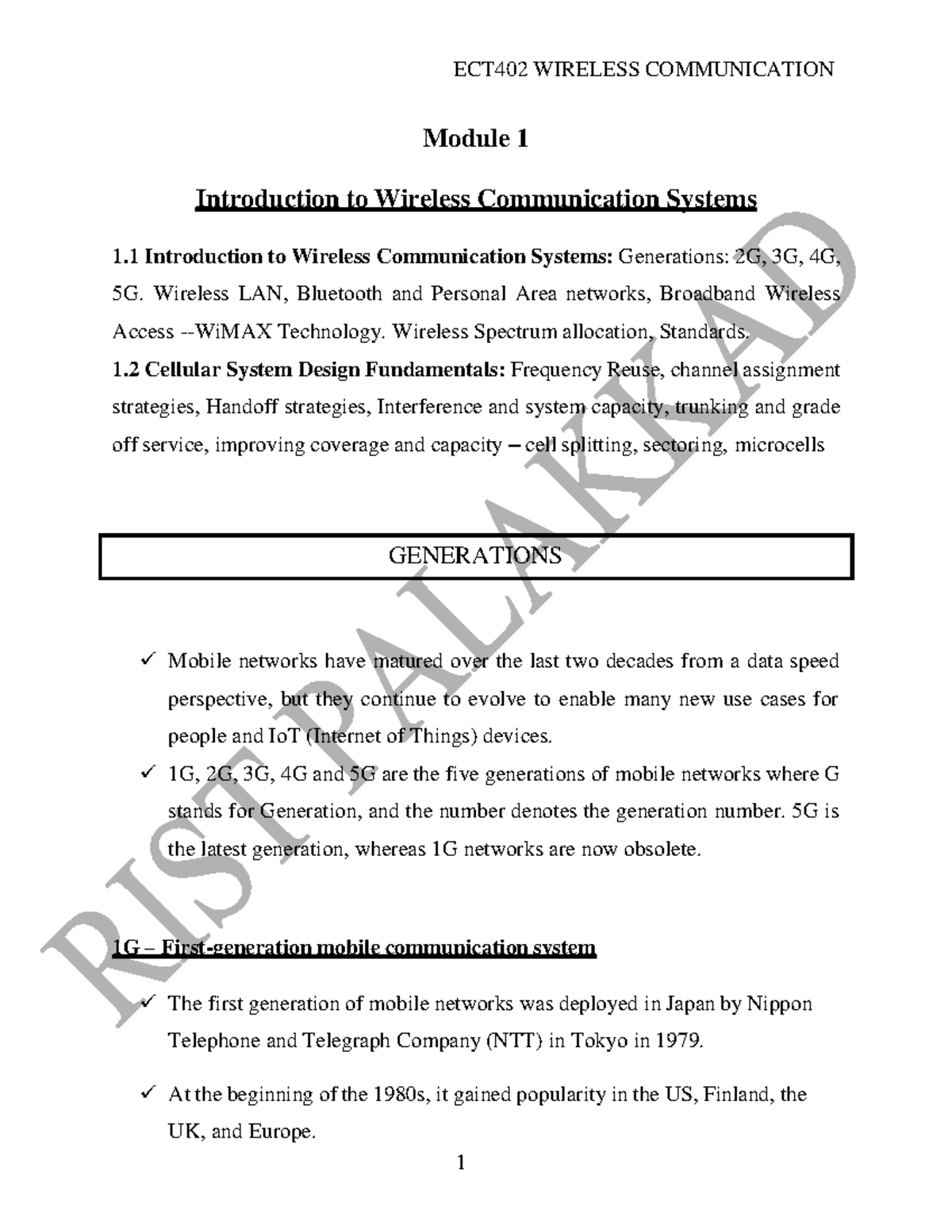 ECT402 Wireless Communication: Module 1 Overview of Wireless Systems ...
