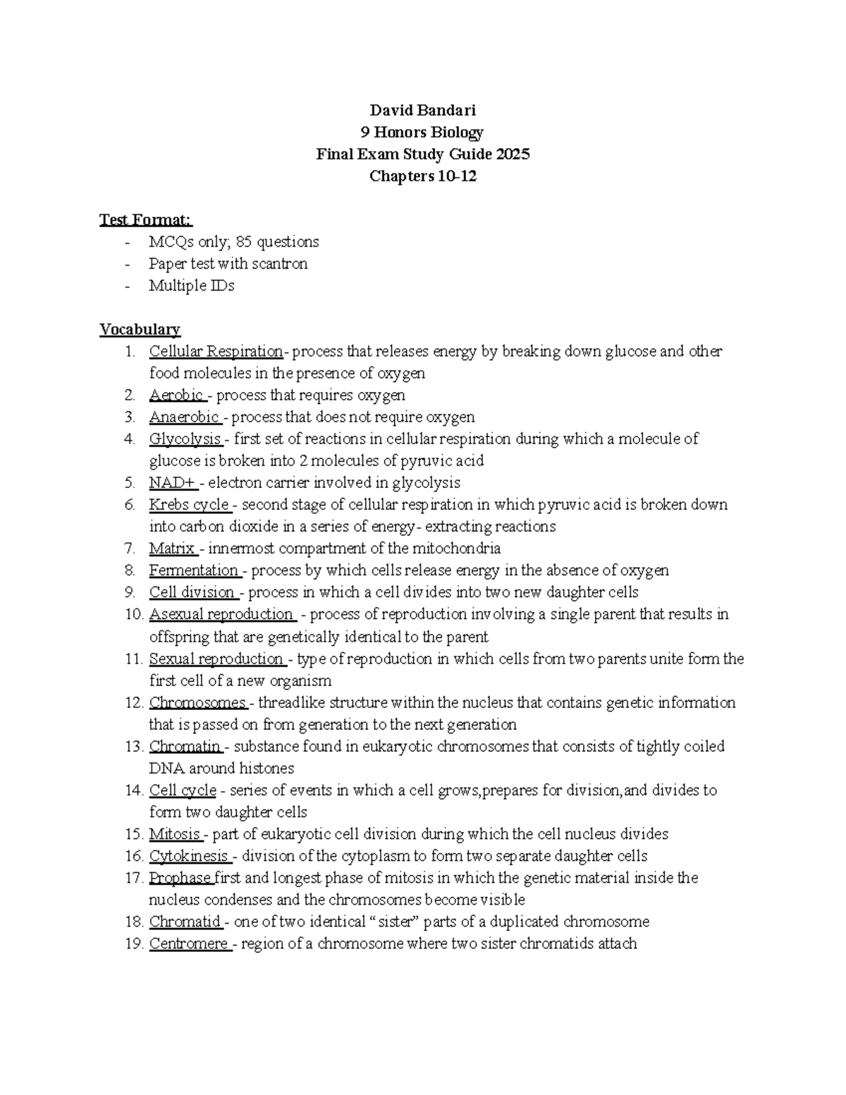 9 Honors Biology Final Exam Study Guide 2025: Key Concepts & Questions ...
