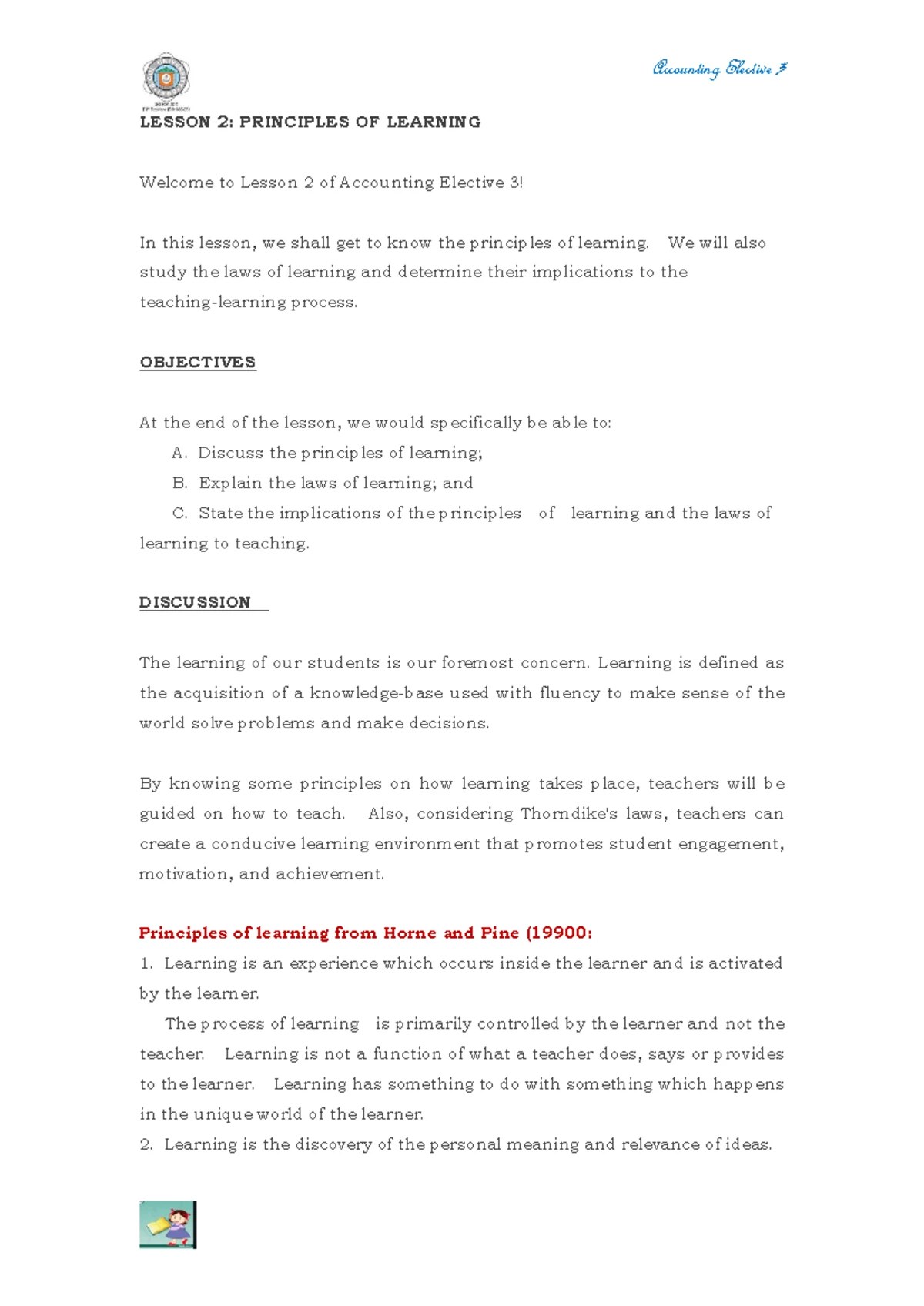 Lesson 2 - Key Principles and Laws of Learning in Education - Studocu