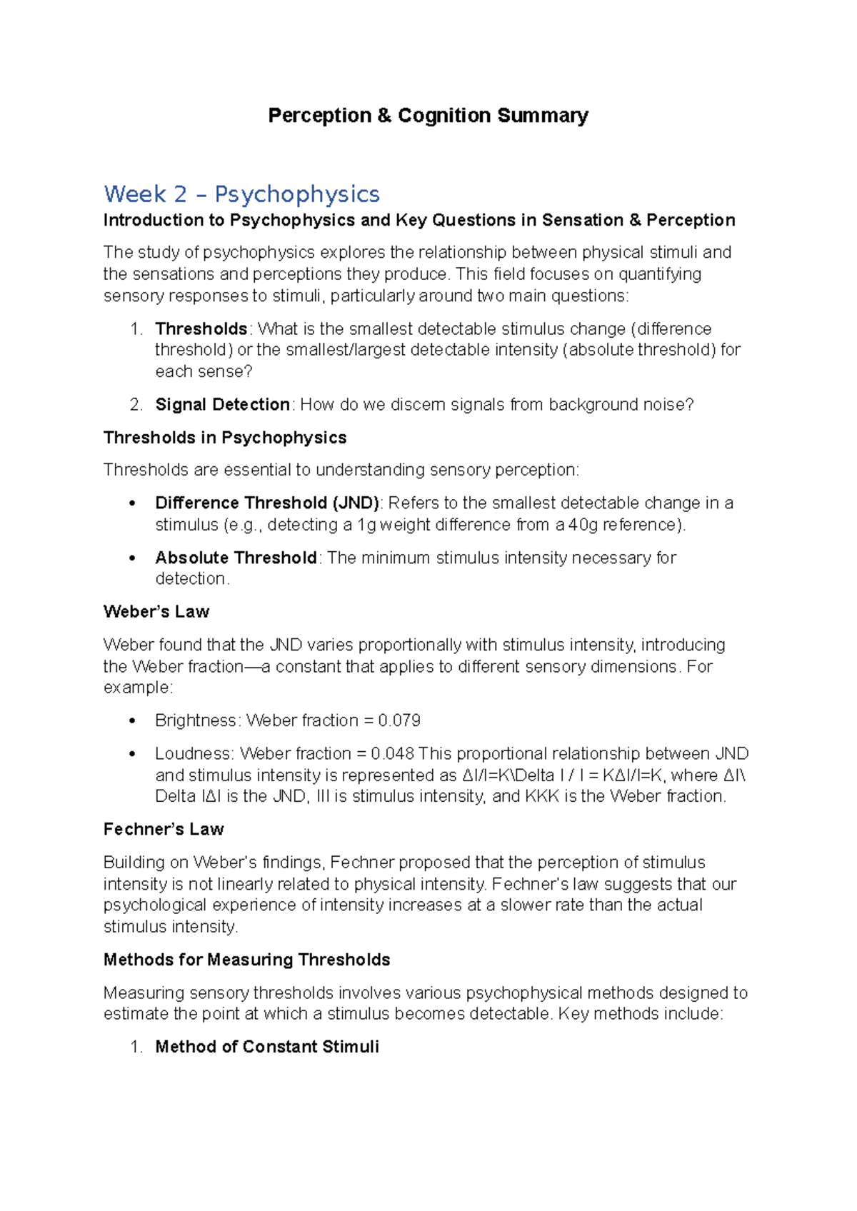 Perception and Cognition Summary: Key Concepts in Psychophysics and ...