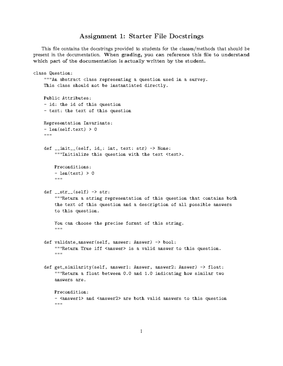 CSC148 A1: Docstrings for Survey Question Class - Studocu