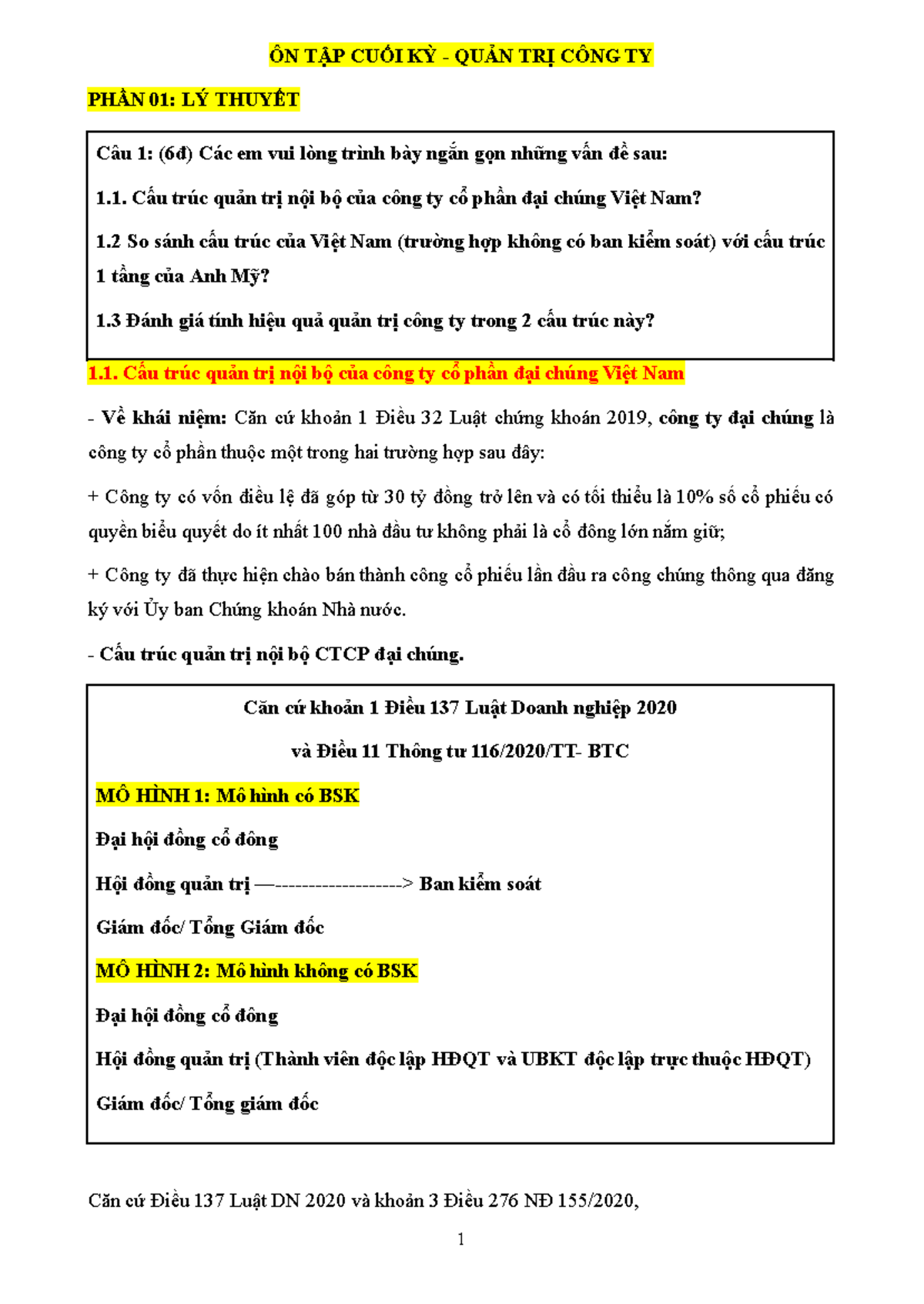 CUỐI KỲ - ÔN TẬP QUẢN TRỊ CÔNG TY - LÝ THUYẾT VÀ SO SÁNH - Document Preview