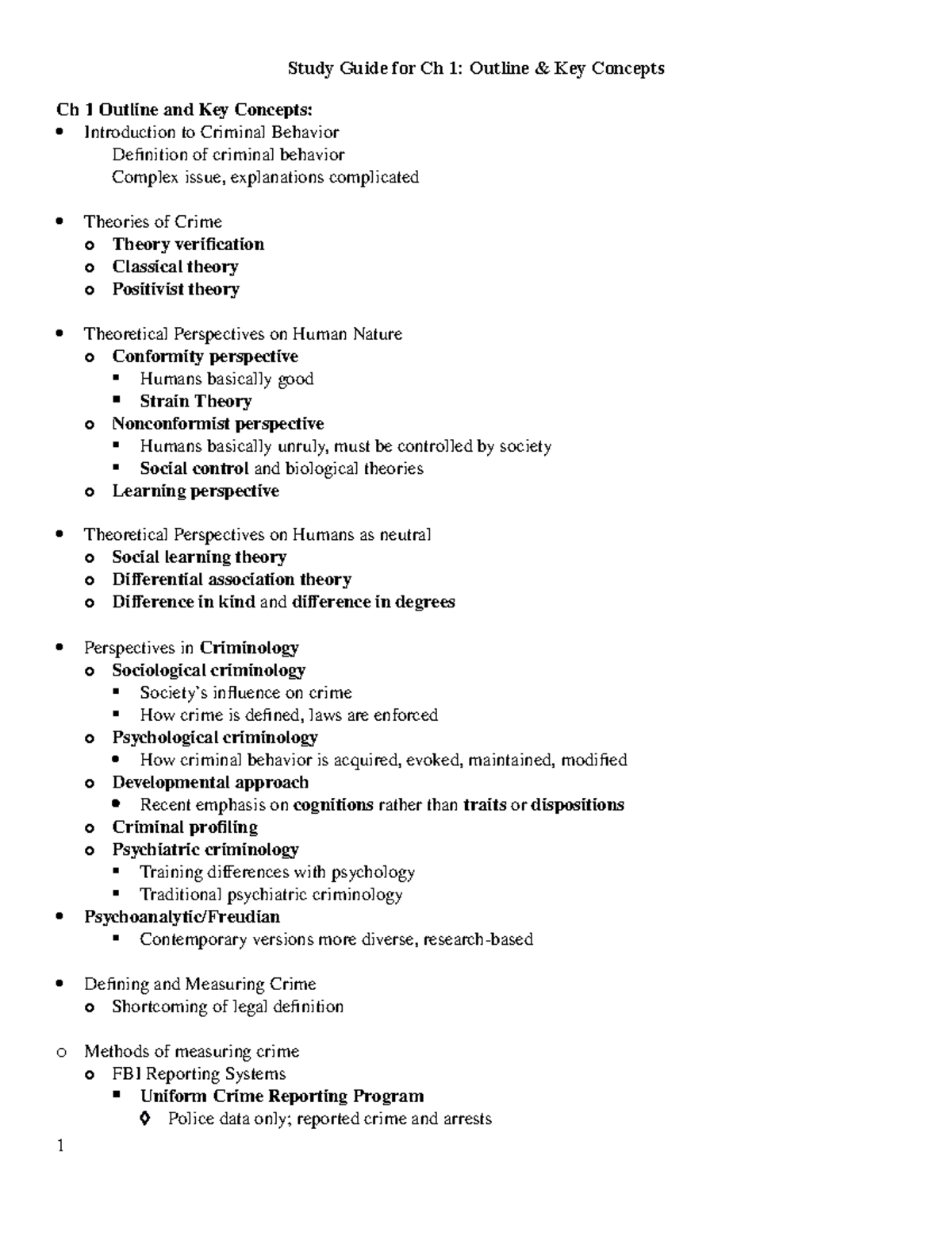 CRIM 101: Ch 1 Study Guide - Key Concepts & Theories of Crime - Studocu