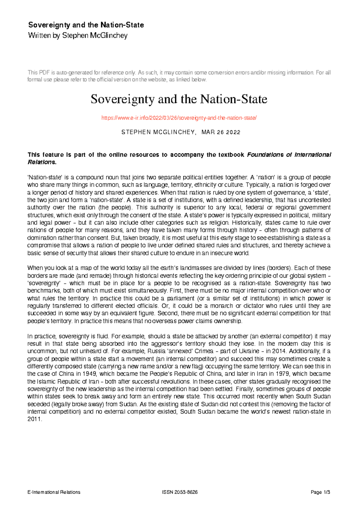 Sovereignty and the Nation-State: An Analysis for IR Foundations ...