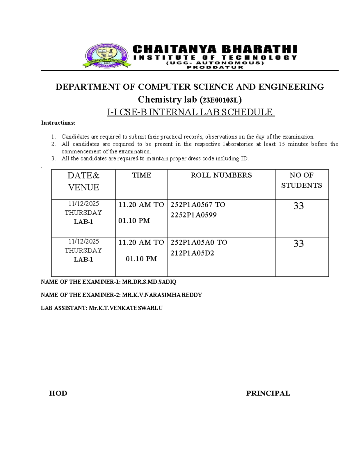 Chemistry Lab Internal Schedule (23E00103L) - I-I 2025 - Studocu