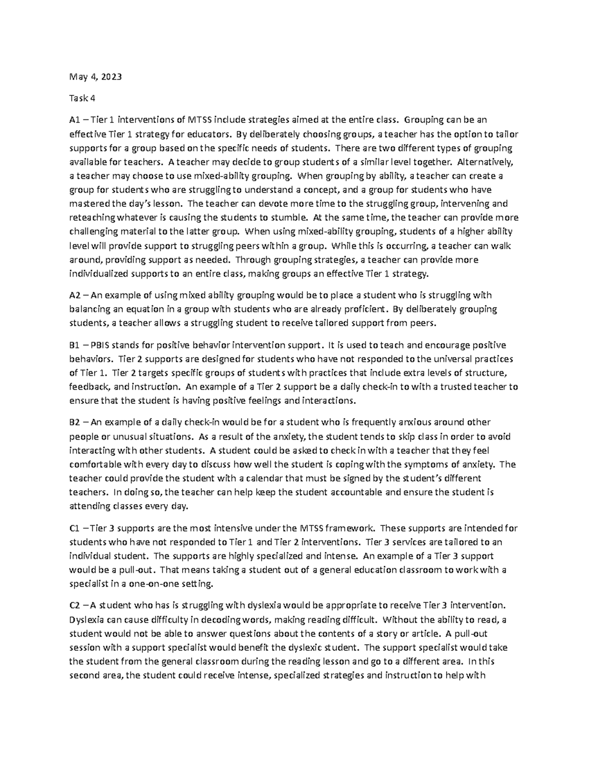D169 Task 4 - Strategies for MTSS Tiered Interventions - Studocu