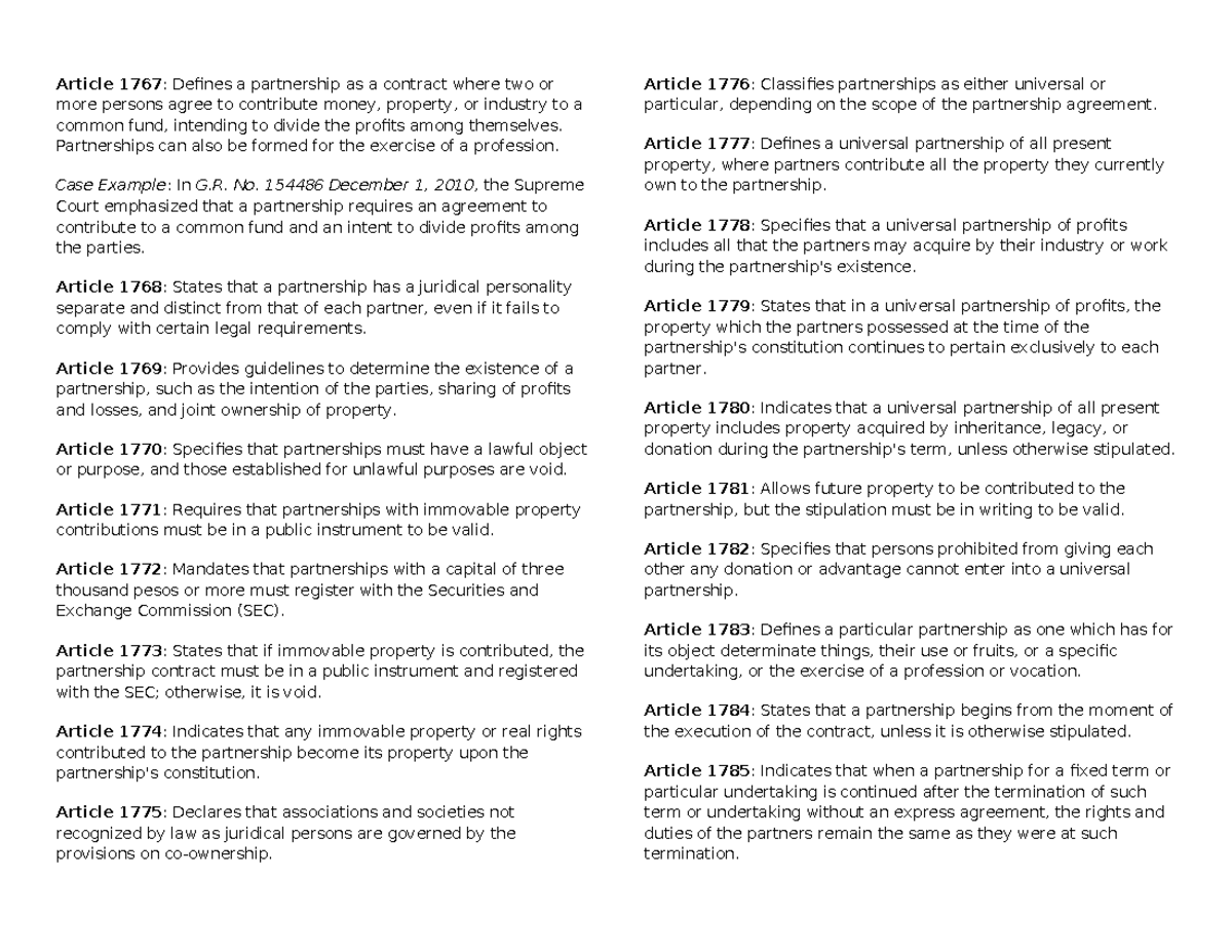 Civil CODE - Article 1767: Defines a partnership as a contract where ...