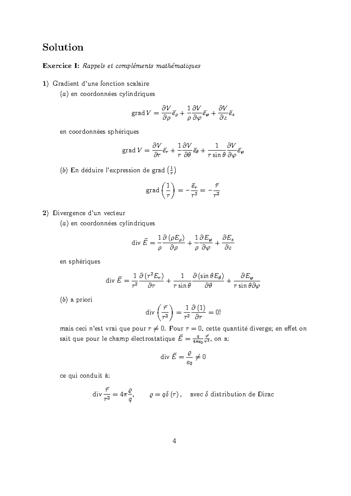 TD 1: Correction des Exercices sur Gradient, Divergence et Rotationnel ...