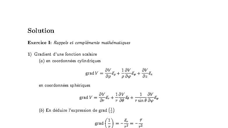 TD 1: Correction des Exercices sur Gradient, Divergence et Rotationnel ...