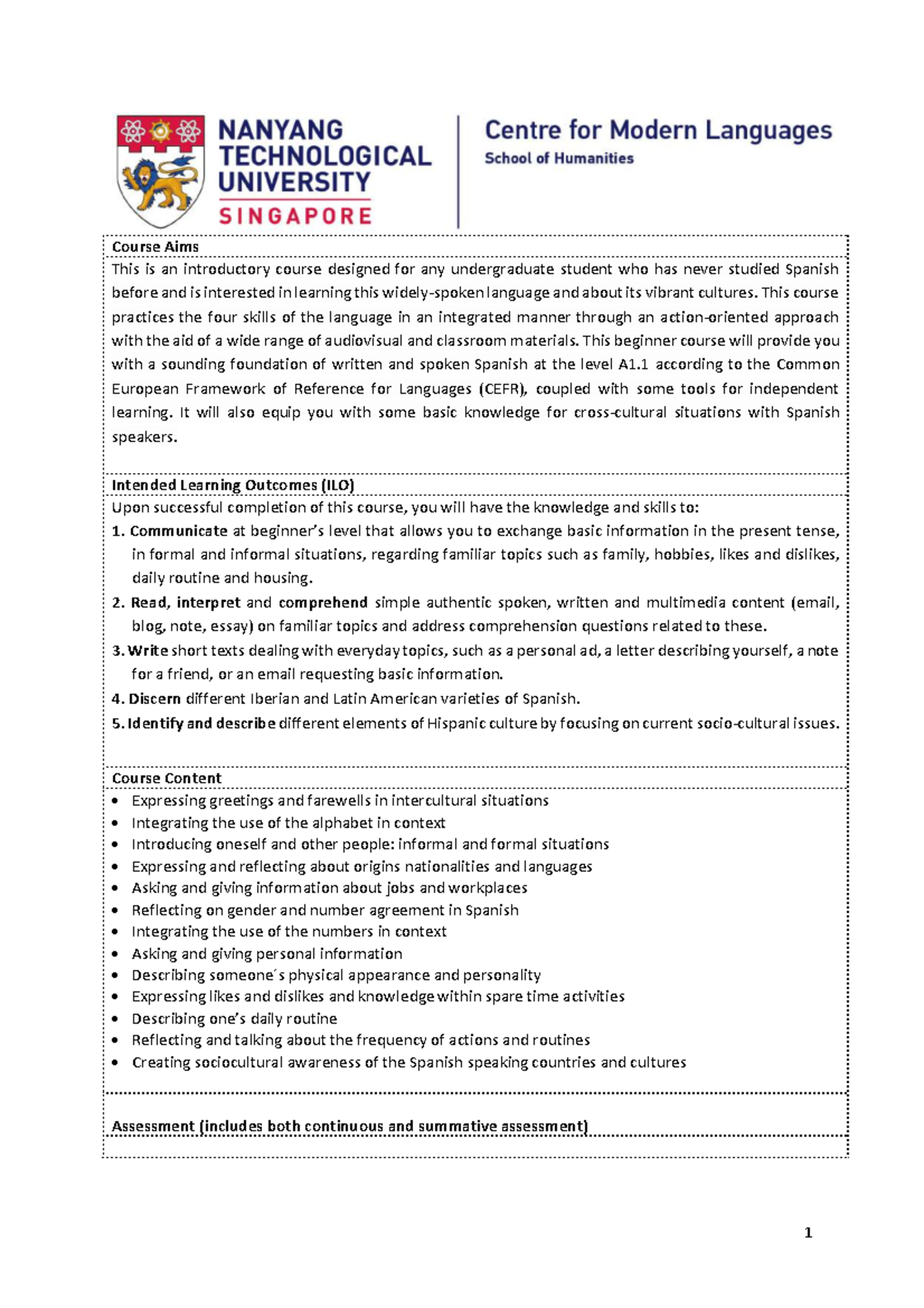 Ls9001 Introductory Spanish Course Outline and Learning Goals - Studocu