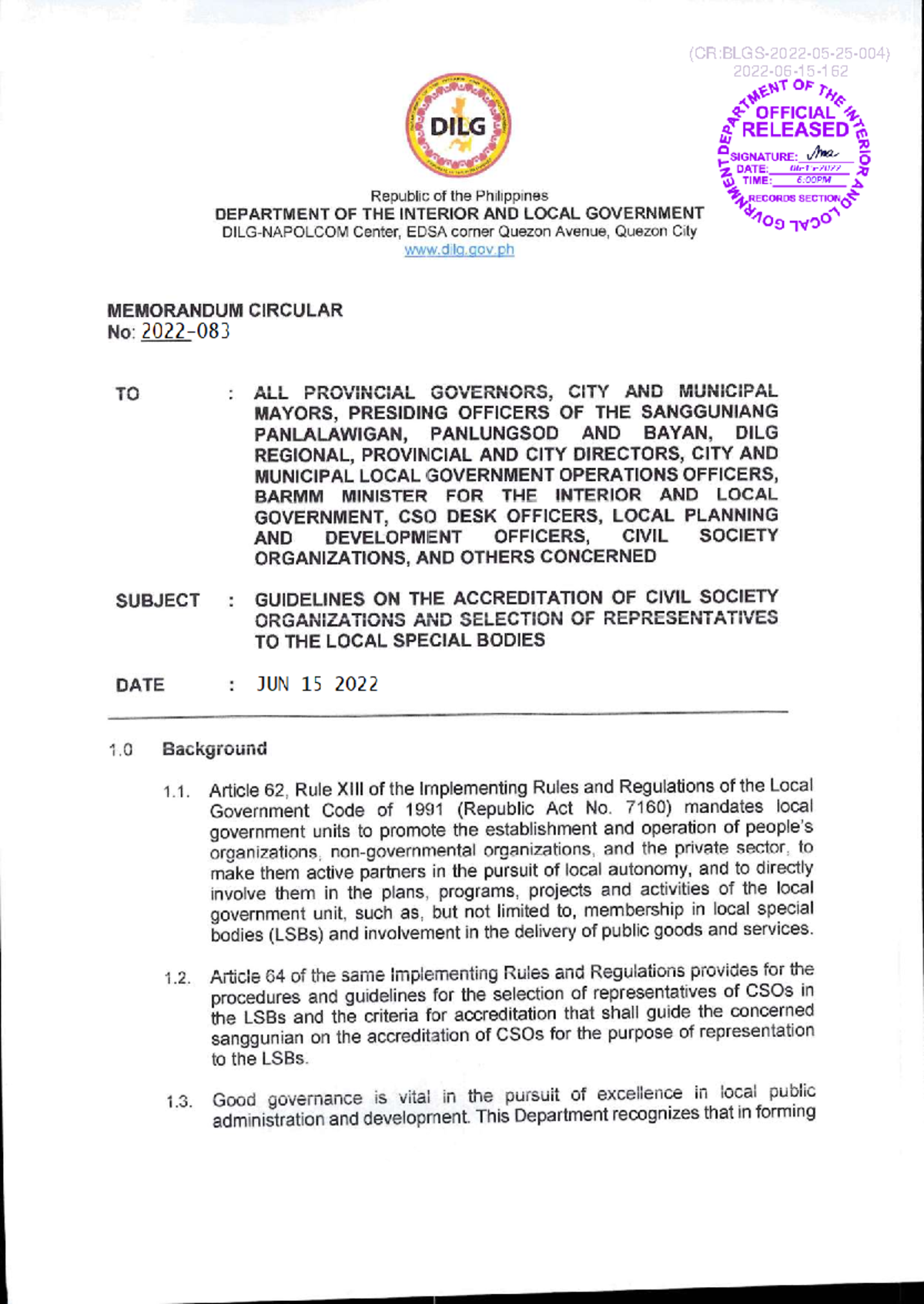 Guidelines for CSO Accreditation and LSB Representation (DILG Memo ...