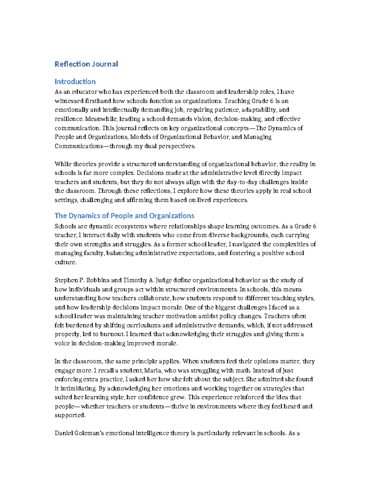 Reflection Journal Teacher Leader - Reflection Journal Introduction As ...