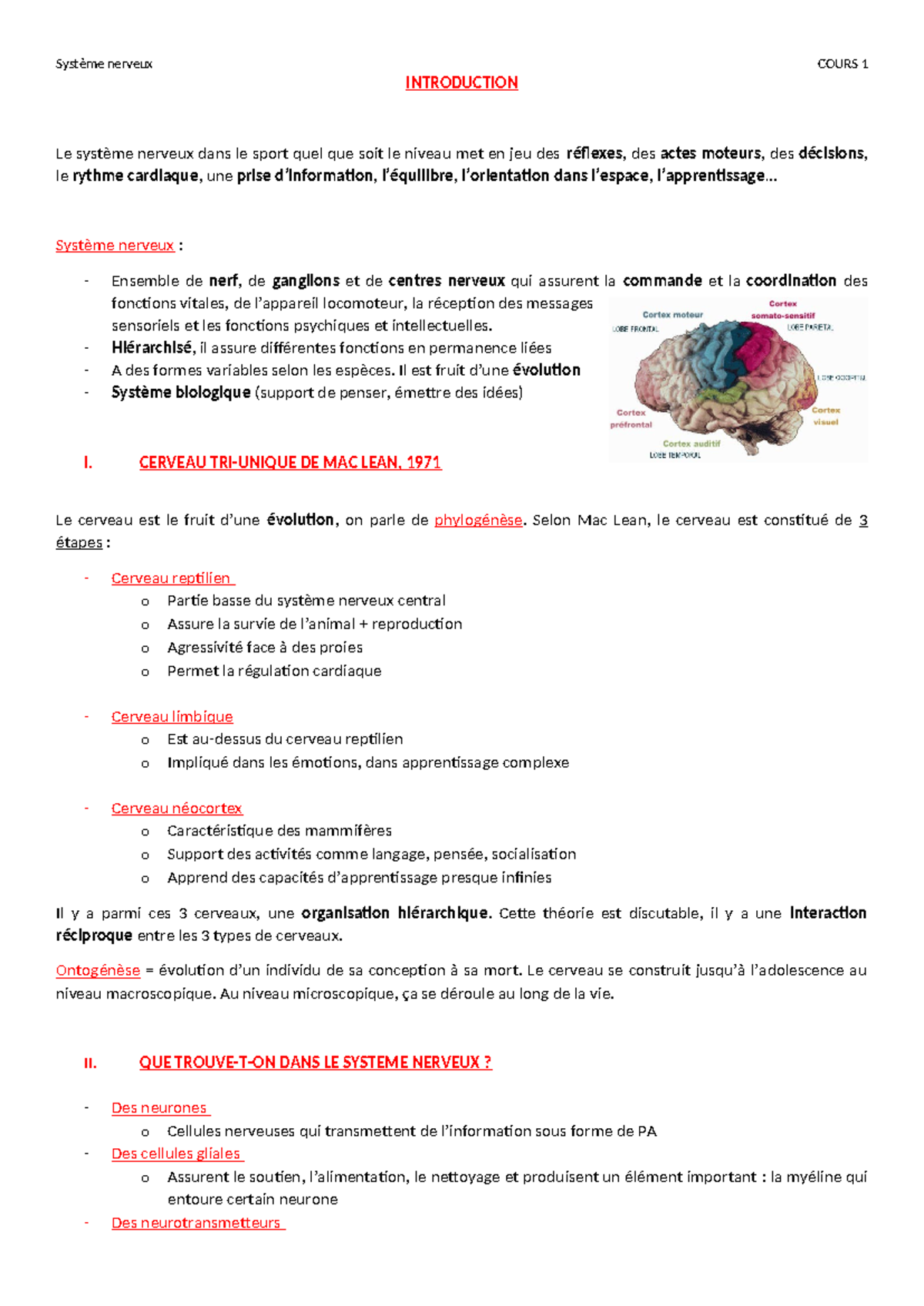Système Nerveux : Introduction et Fonctions - Cours 1 - Studocu