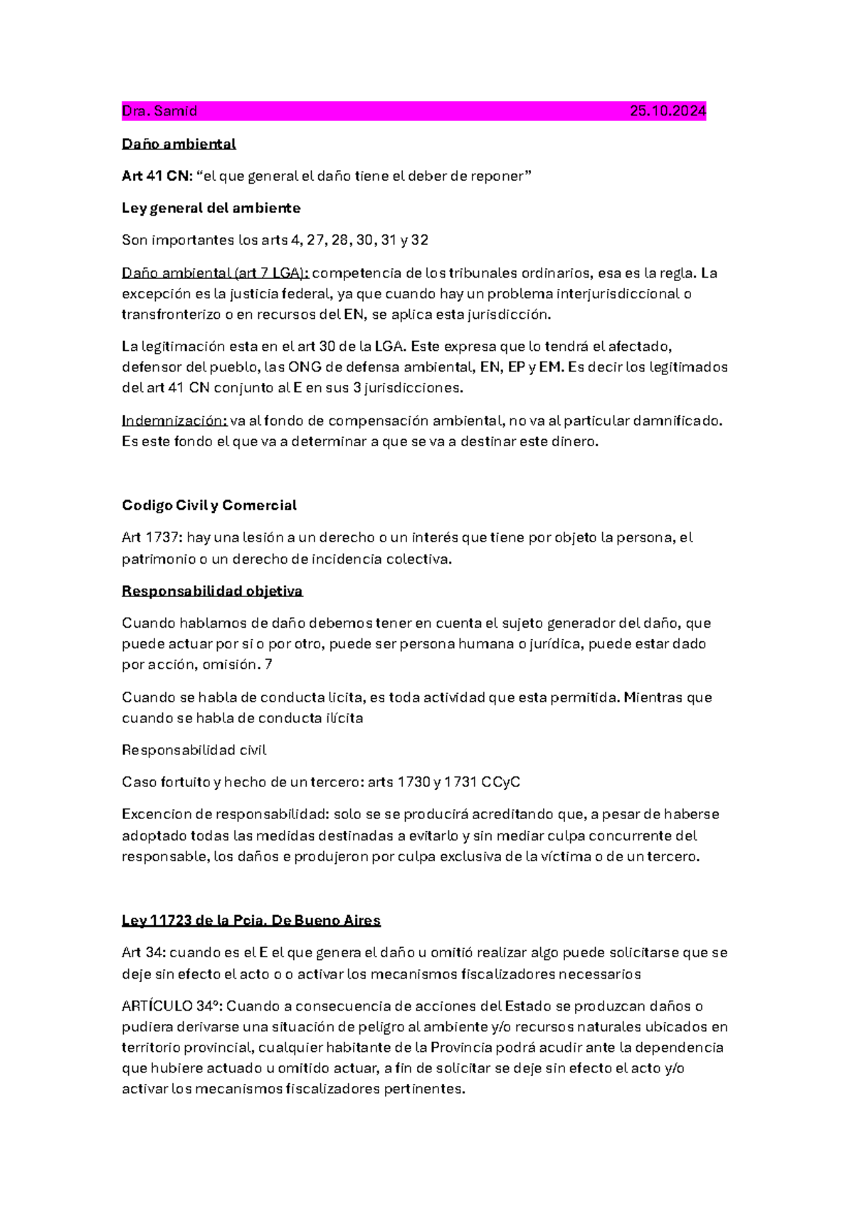 Daño Ambiental y Responsabilidad Civil: Clase 25 - Dra. Samid - Studocu