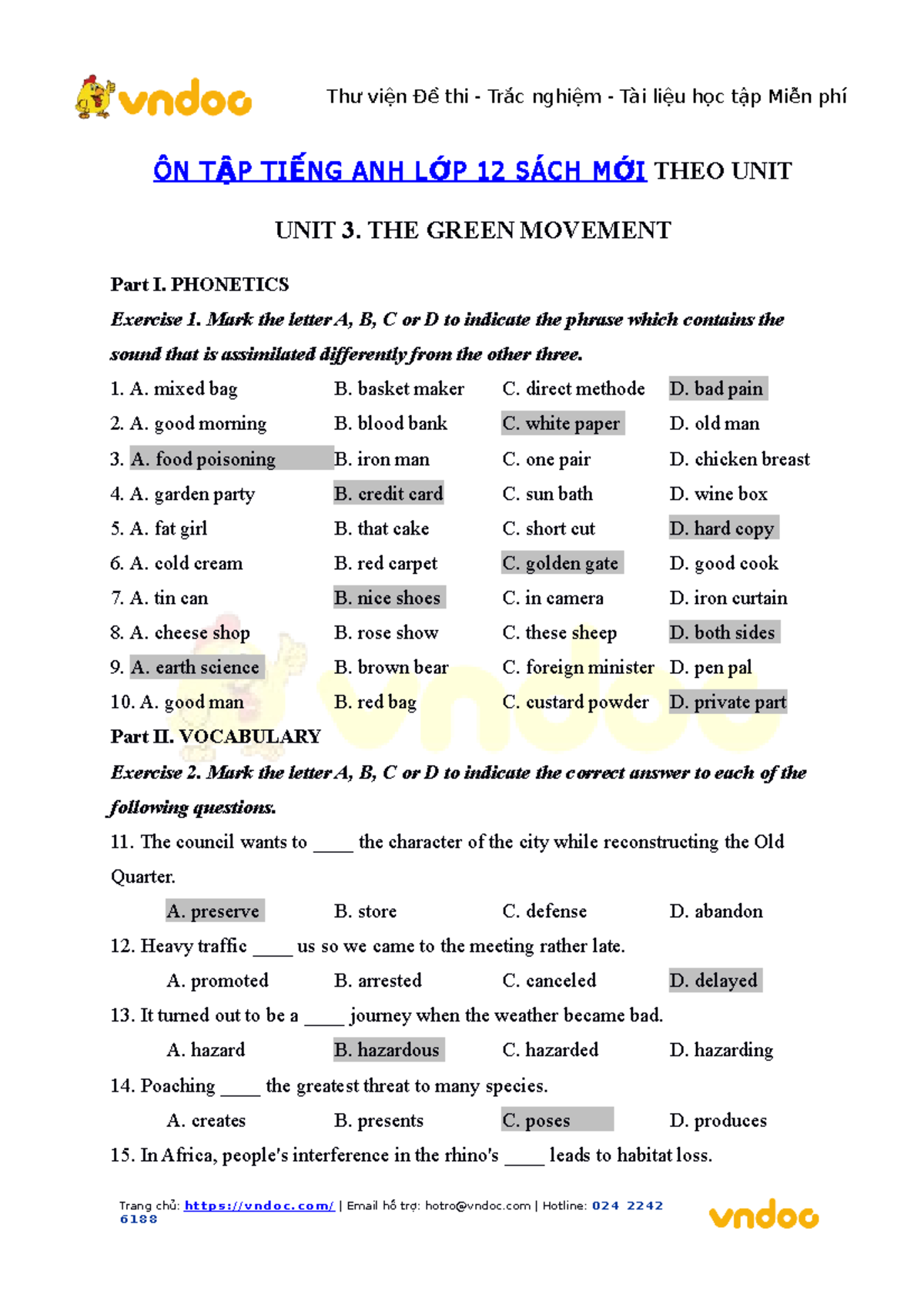Bai tap tieng anh 12 moi unit 3 the green movement - ÔN T Ậ P TI Ế NG ...