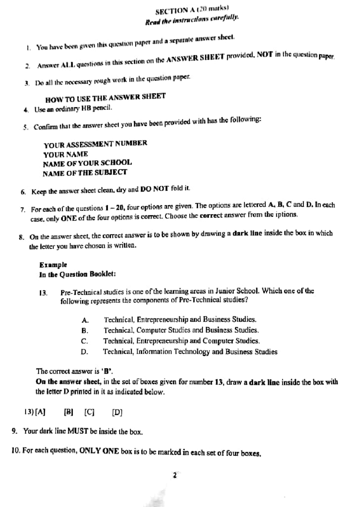 SECTION A (20 Marks) Instructions for Answering Questions on the Answer ...